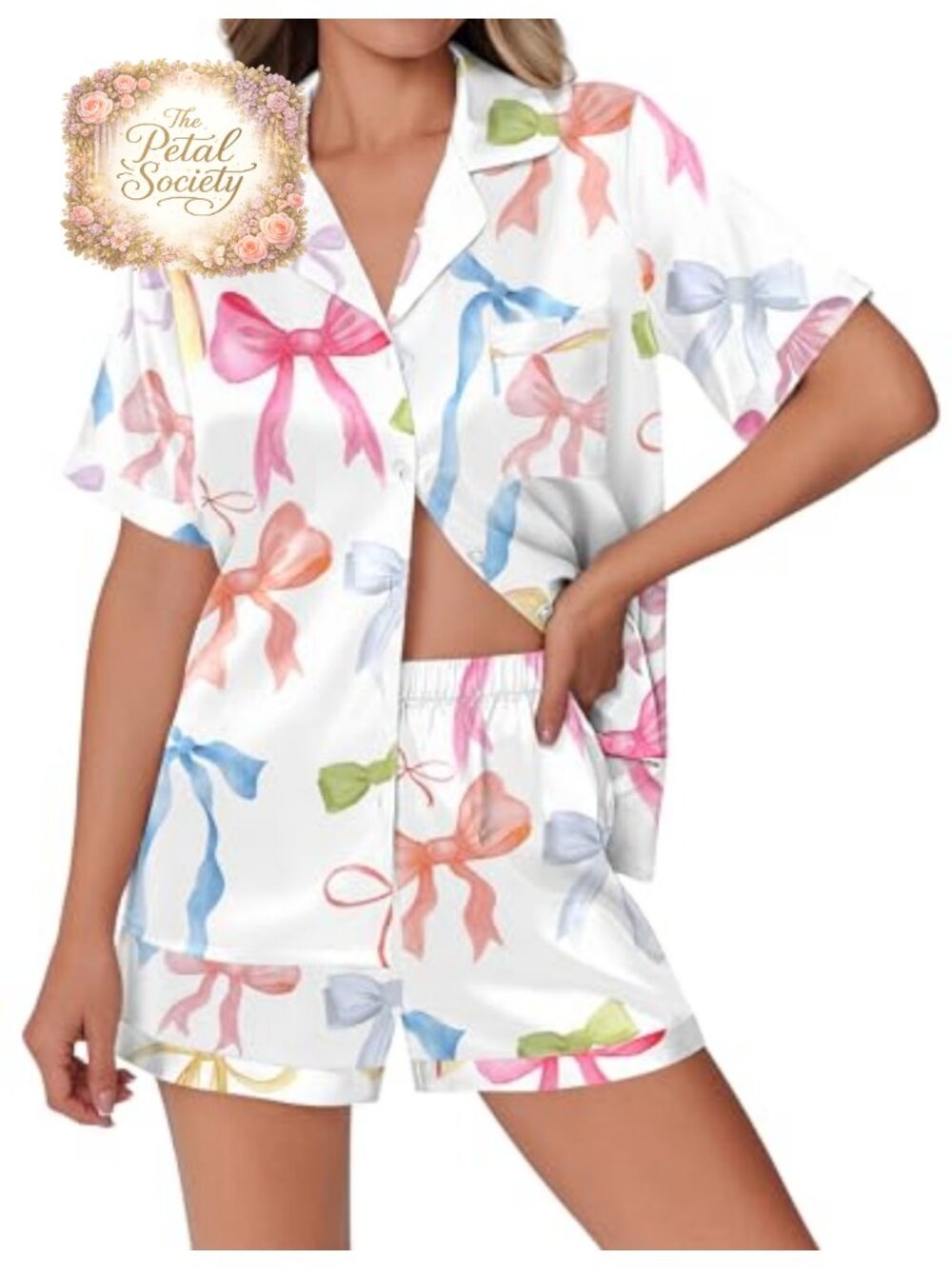 Silky Satin Pajama Set Short Sleeve Animal Print Pjs 2 Piece